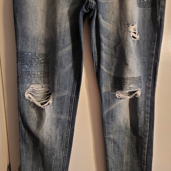 HANNAH Distressed Rhinestone Patch Jeans Sz 6 Mid Rise Straight Leg Blue Denim - Picture 5 of 12